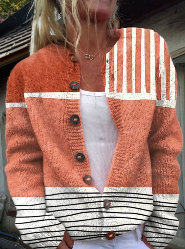 Retro Abstract Art  Print Casual Buttoned Cardigan Sweater