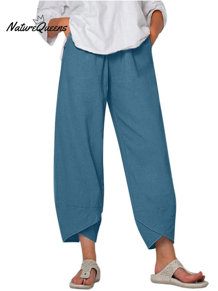 Damesbroek in effen kleur, losvallend, elegant, casual, eenvoudig, van katoen en linnen, model ‘Ninth’