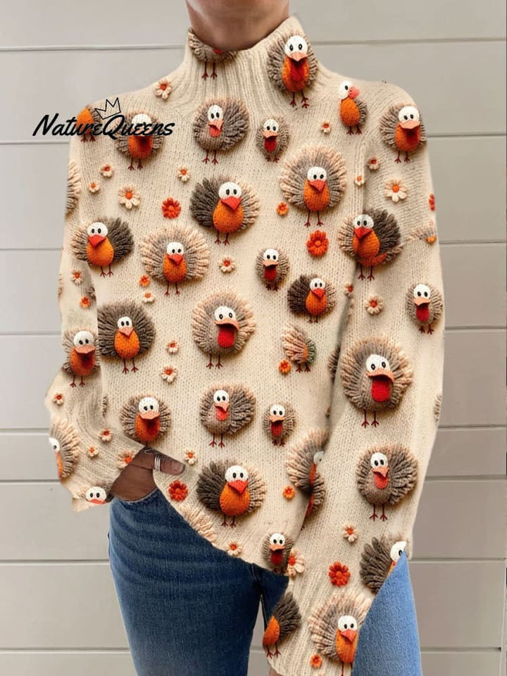 Vintage Color Block Floral Art Print Knit Turtleneck Pullover Sweater