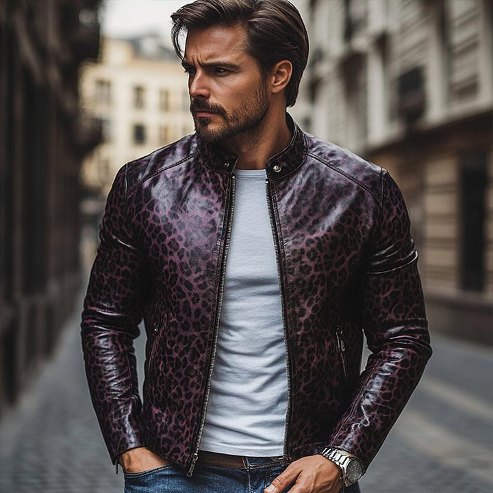 Herenmode Leopardprint Staande Kraag Rits Slim Fit Leren Jas 32750677M