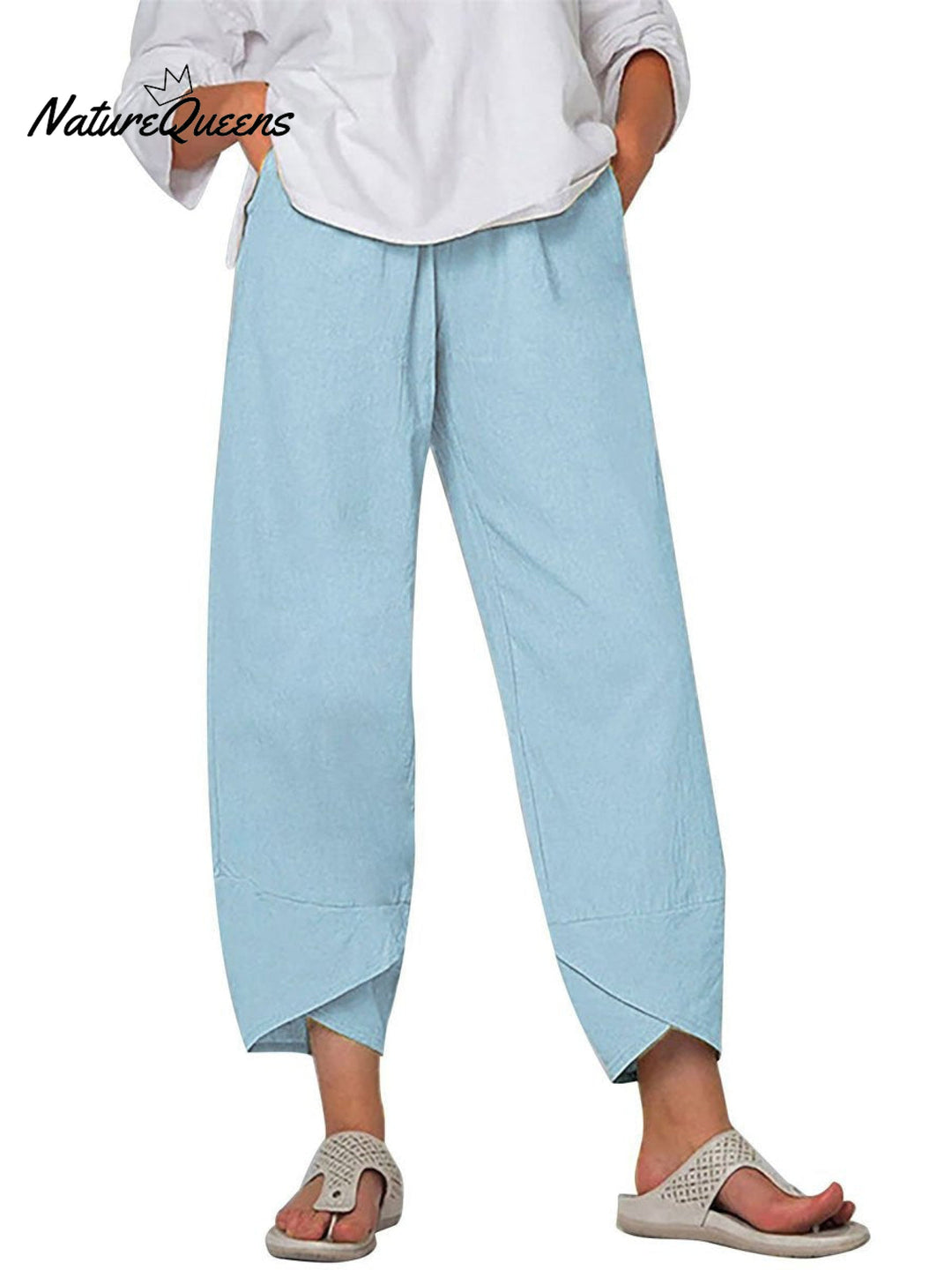 Damesbroek in effen kleur, losvallend, elegant, casual, eenvoudig, van katoen en linnen, model ‘Ninth’