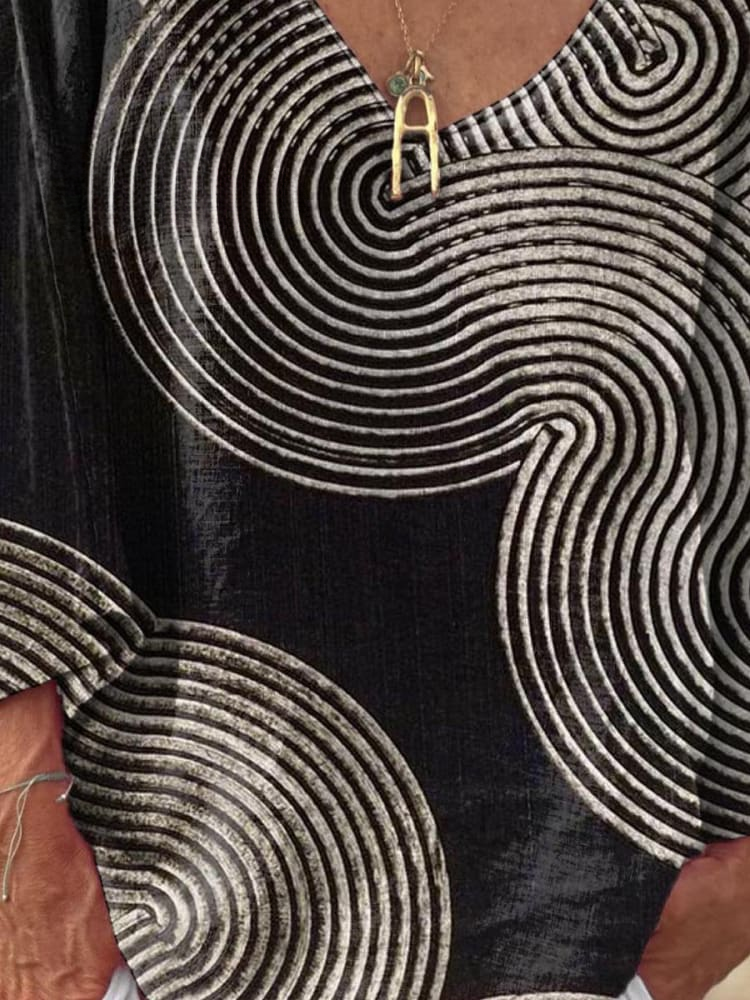Vintage geometrisch lijnpatroon kunstprint casual V-hals langemouwen comfortabel katoenen T-shirt voor dames