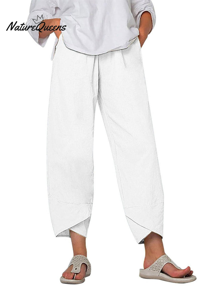 Damesbroek in effen kleur, losvallend, elegant, casual, eenvoudig, van katoen en linnen, model ‘Ninth’