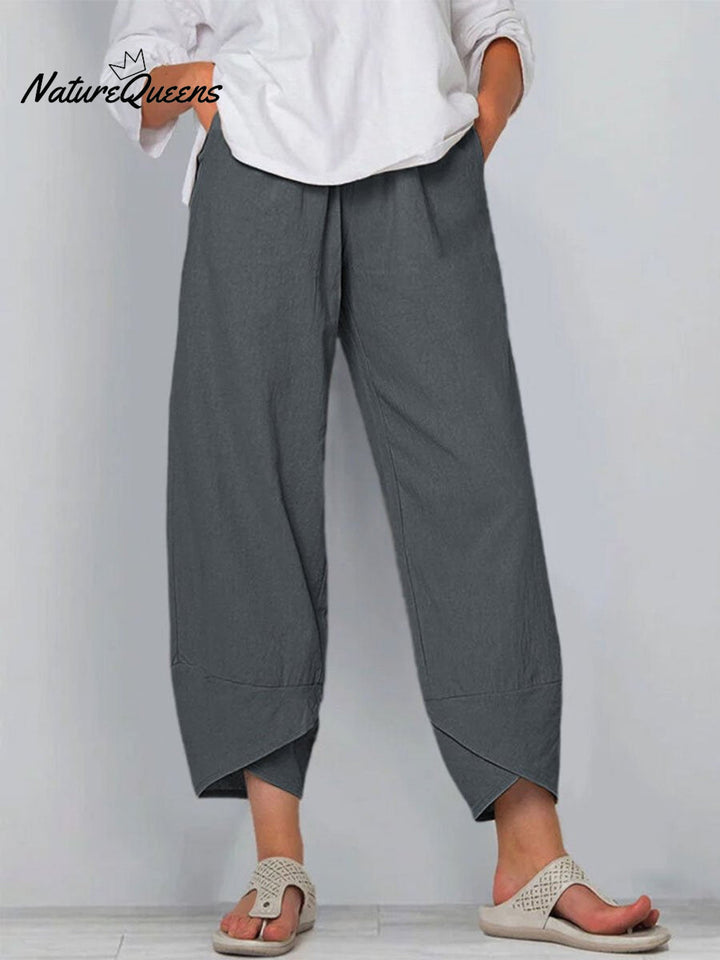 Damesbroek in effen kleur, losvallend, elegant, casual, eenvoudig, van katoen en linnen, model ‘Ninth’
