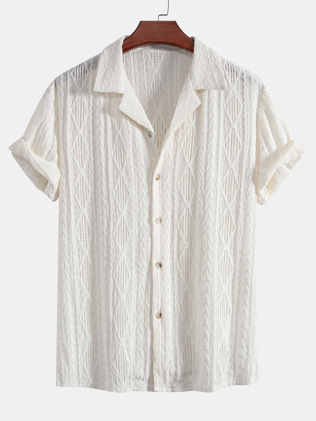 Geometrisch jacquard eyelet Cubaans overhemd en rechte linnen broek