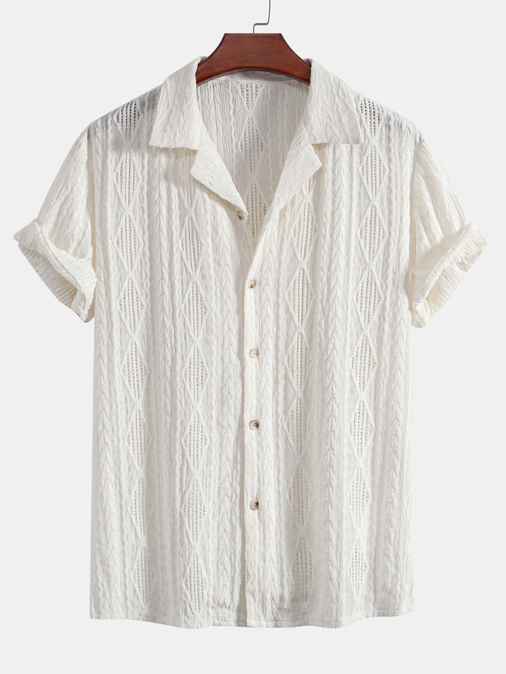 Geometrisch jacquard eyelet Cubaans overhemd en rechte linnen broek