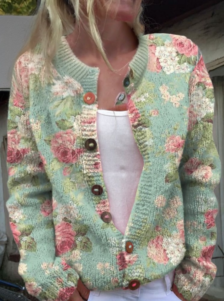 Fresh Retro Flowers Print Buttoned Cardigan Sweater