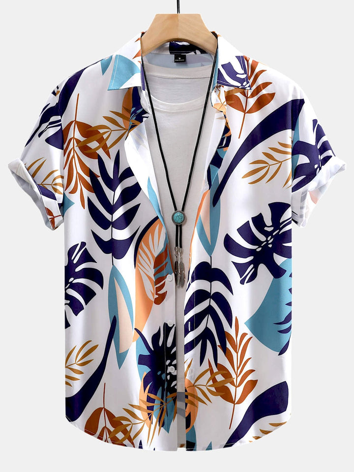 Kleurrijke Bladerprint Doorknoop Shirt & Zwembroek