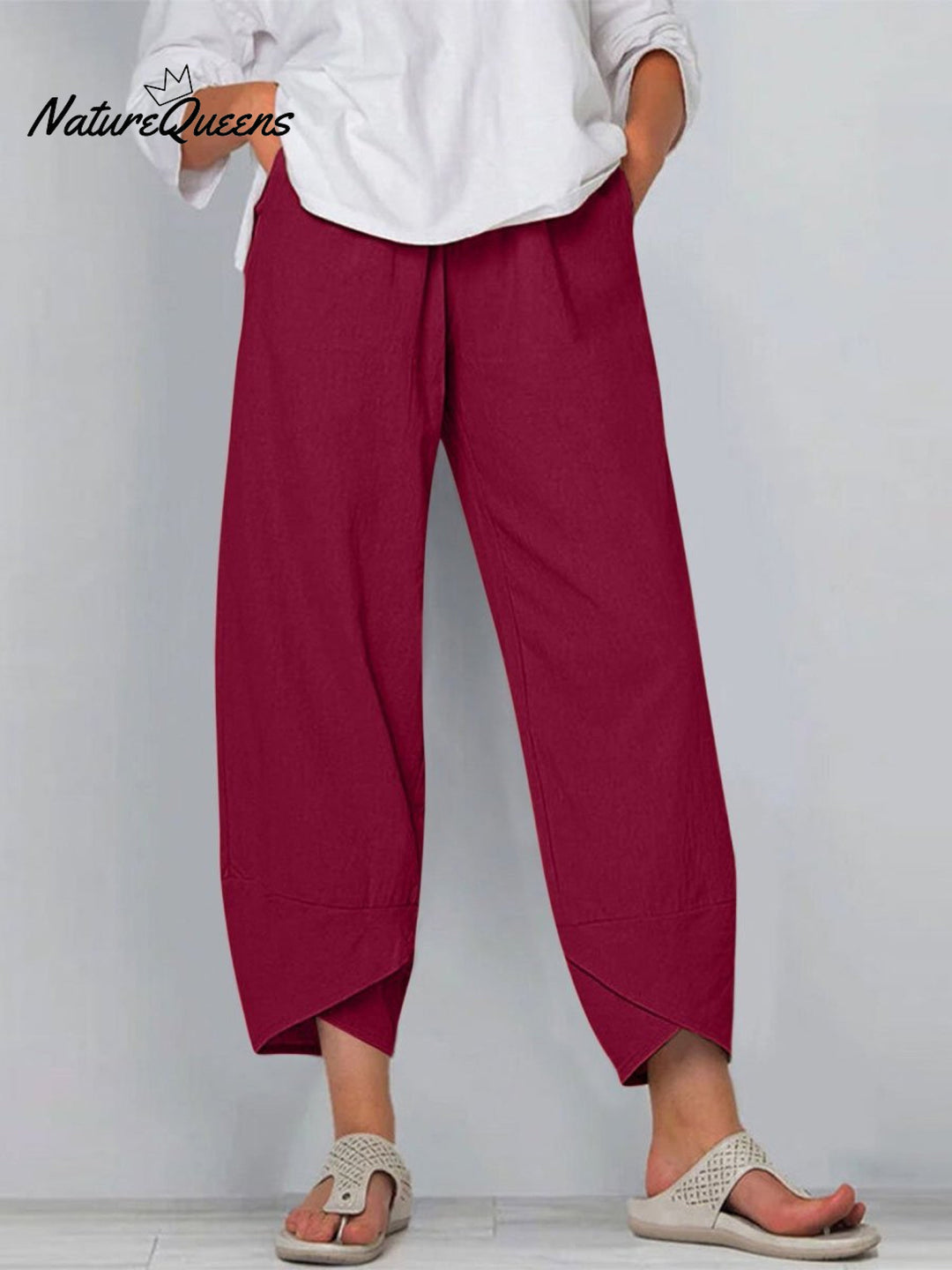 Damesbroek in effen kleur, losvallend, elegant, casual, eenvoudig, van katoen en linnen, model ‘Ninth’