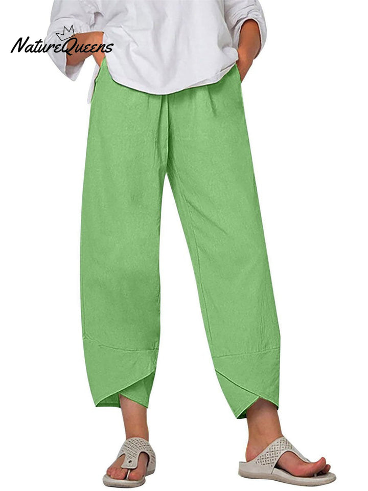 Damesbroek in effen kleur, losvallend, elegant, casual, eenvoudig, van katoen en linnen, model ‘Ninth’