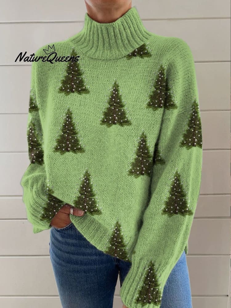Vintage Color Block Floral Art Print Knit Turtleneck Pullover Sweater