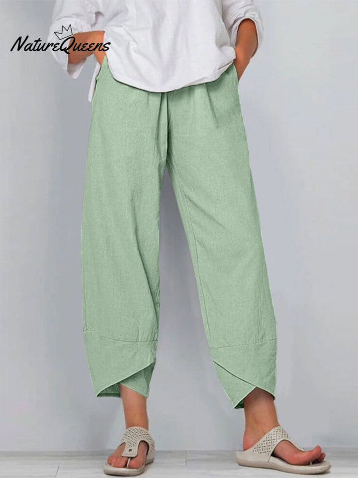 Damesbroek in effen kleur, losvallend, elegant, casual, eenvoudig, van katoen en linnen, model ‘Ninth’
