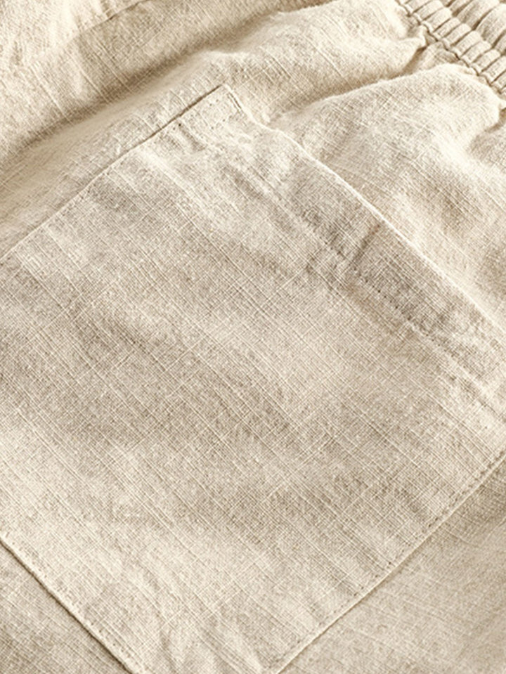 Linnen-look overhemd met korte mouwen en staande kraag en linnen-katoenen korte broek
