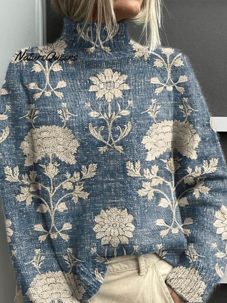 Women's Vintage Lovely Floral Art Print Knit Turtleneck Pullover Sweater