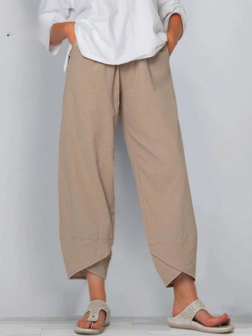 Damesbroek in effen kleur, losvallend, elegant, casual, eenvoudig, van katoen en linnen, model ‘Ninth’