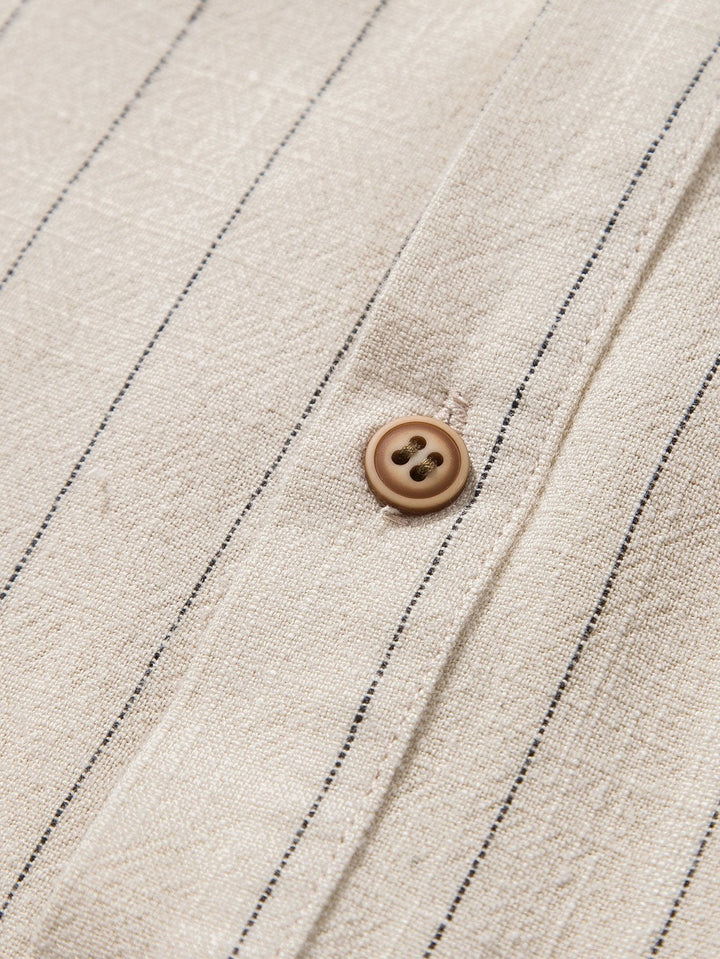 Linnen-mix gestreept overhemd met half open placket en Henley kraag en rechte linnen broek