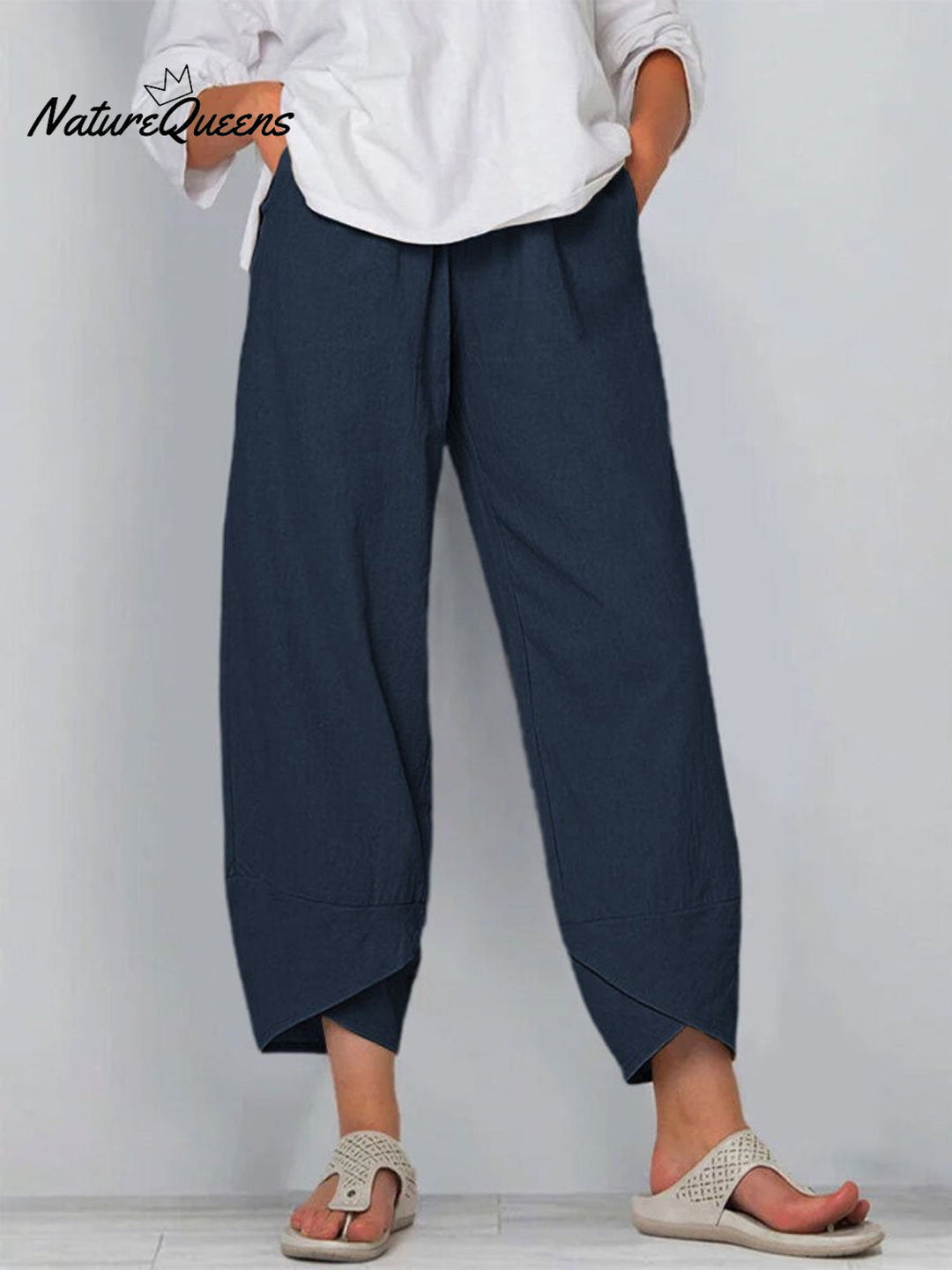 Damesbroek in effen kleur, losvallend, elegant, casual, eenvoudig, van katoen en linnen, model ‘Ninth’