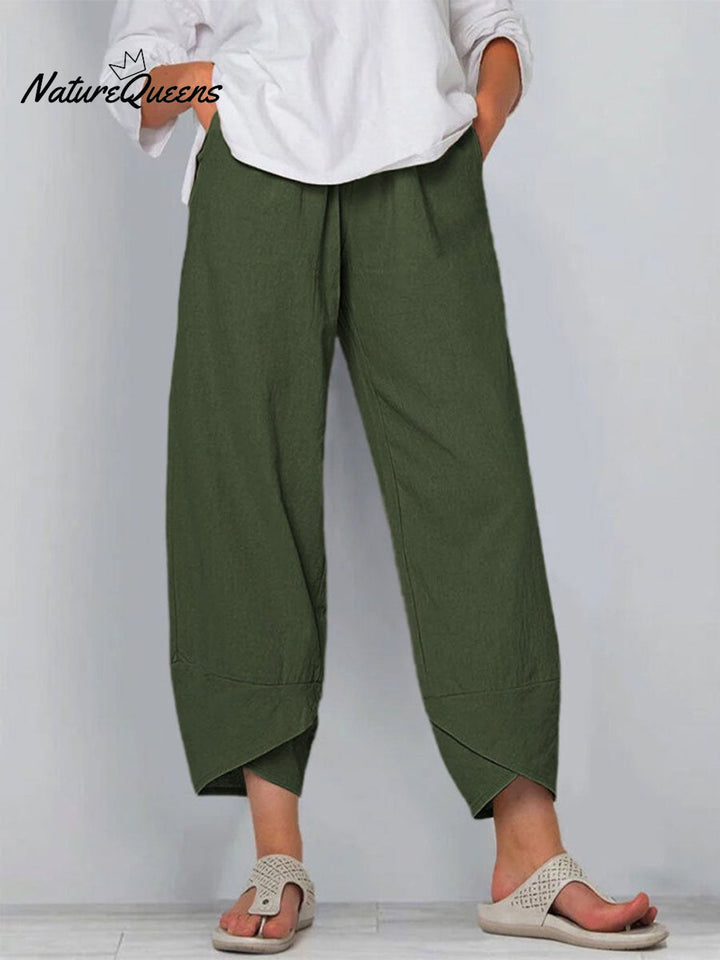 Damesbroek in effen kleur, losvallend, elegant, casual, eenvoudig, van katoen en linnen, model ‘Ninth’
