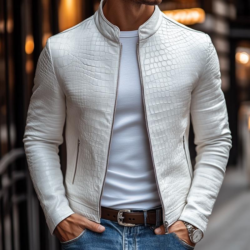 【24-uurs verzending】Herenmode Steenmuster Staande Kraag Rits Slim Fit Leren Jas 45773252M
