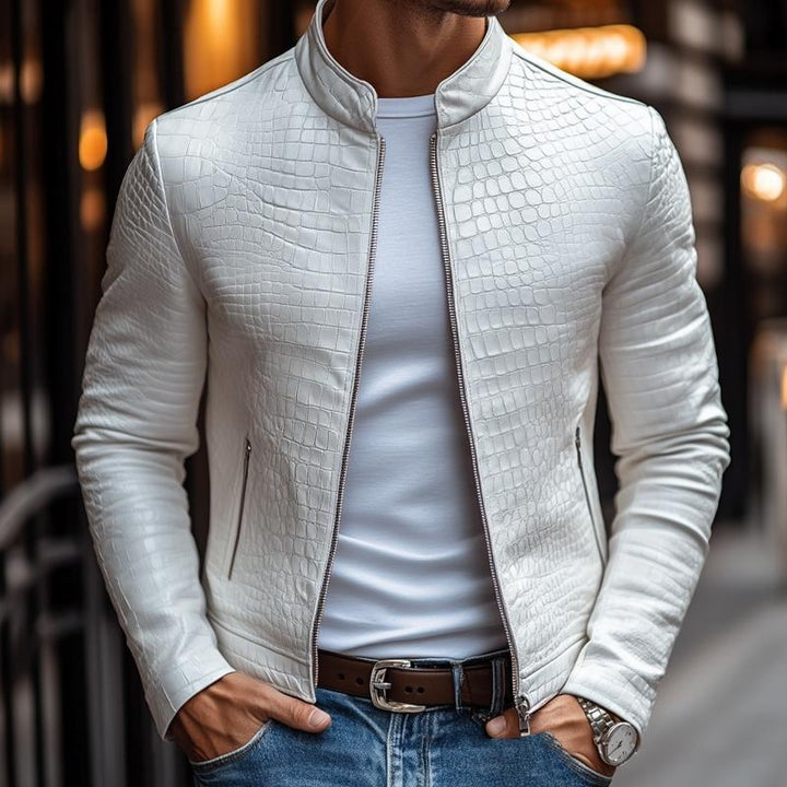 【24-uurs verzending】Herenmode Steenmuster Staande Kraag Rits Slim Fit Leren Jas 45773252M