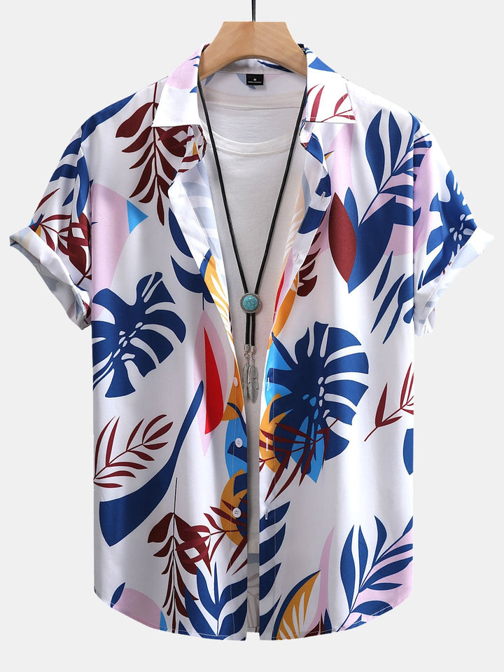 Kleurrijke Bladerprint Doorknoop Shirt & Zwembroek