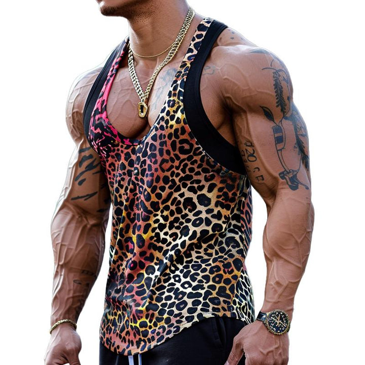 Sexy U-Hals Luipaardprint Katoenmix Patchwork Tanktop voor Mannen 03756297M