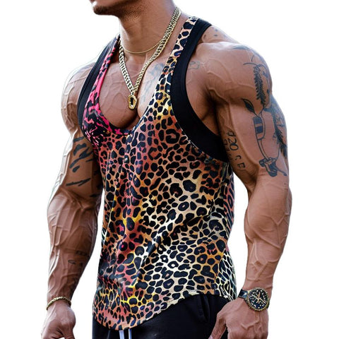 Sexy U-Hals Luipaardprint Katoenmix Patchwork Tanktop voor Mannen 03756297M
