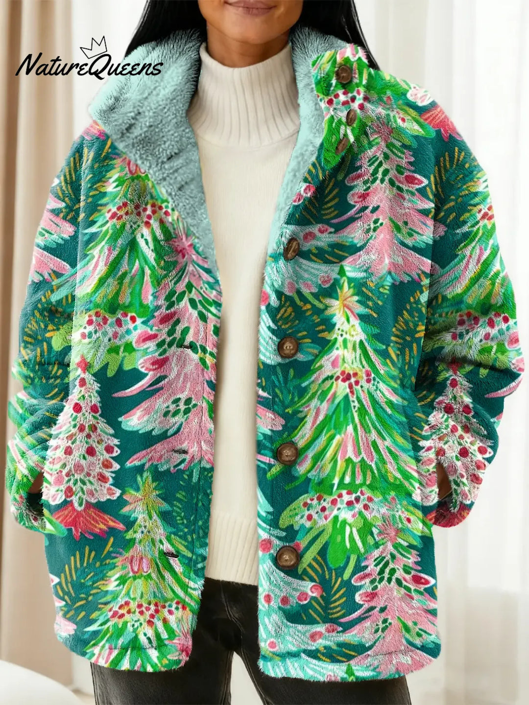 Dames Kerstboompatroon Kunstafdruk Casual Sherpa Jas