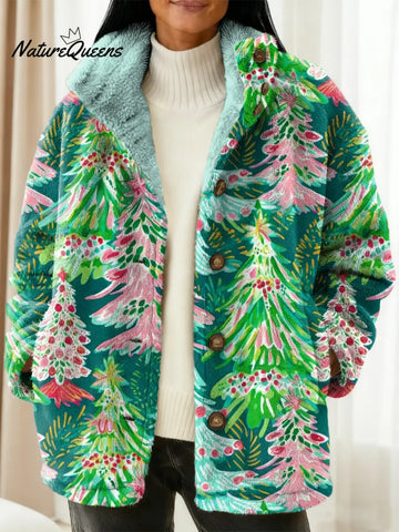 Dames Kerstboompatroon Kunstafdruk Casual Sherpa Jas