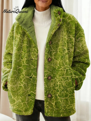 Vrouwen Vintage Bloemenpatroon Kunstafdruk Casual Sherpa Jas