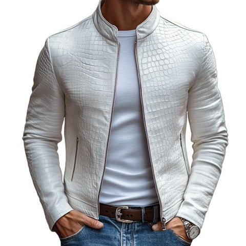 【24-uurs verzending】Herenmode Steenmuster Staande Kraag Rits Slim Fit Leren Jas 45773252M