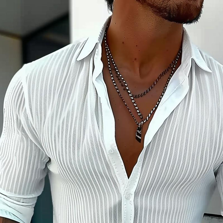 Heren Effen Kleur Gestreepte Revers Shirt met lange mouwen 94598700Z