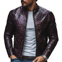 Herenmode Leopardprint Staande Kraag Rits Slim Fit Leren Jas 32750677M