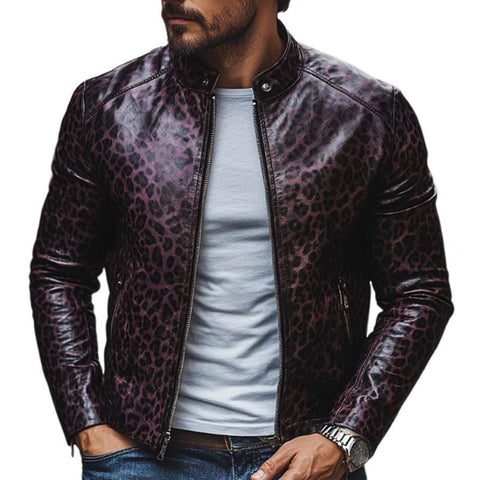 Herenmode Leopardprint Staande Kraag Rits Slim Fit Leren Jas 32750677M