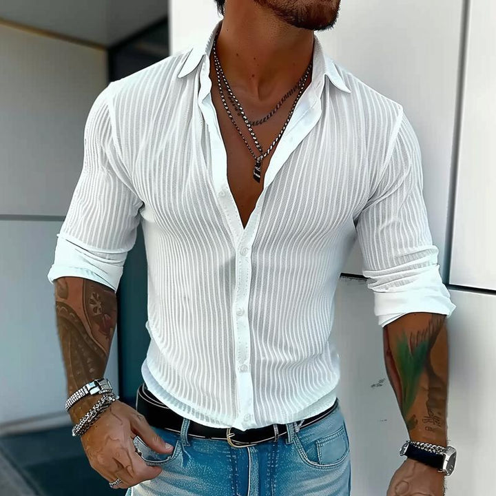 Heren Effen Kleur Gestreepte Revers Shirt met lange mouwen 94598700Z