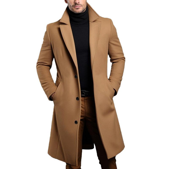 Heren Solid Notch Revers Effen Enkelknoop Middellange Jas 14523733Z
