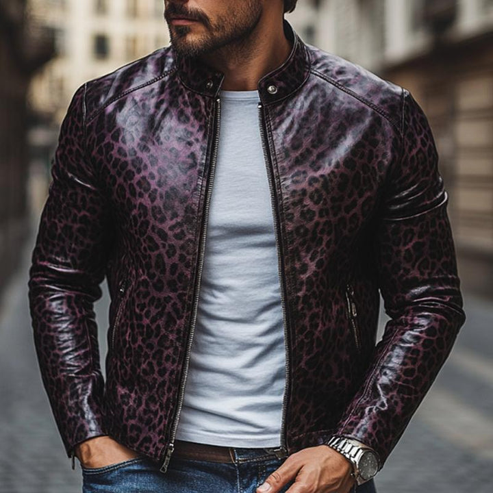 Herenmode Leopardprint Staande Kraag Rits Slim Fit Leren Jas 32750677M