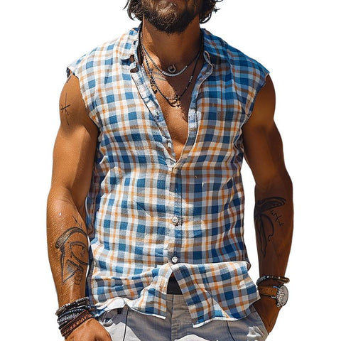 Heren Casual Aquaman Geruite Mouwloze Colbert Tanktop 07741703TO