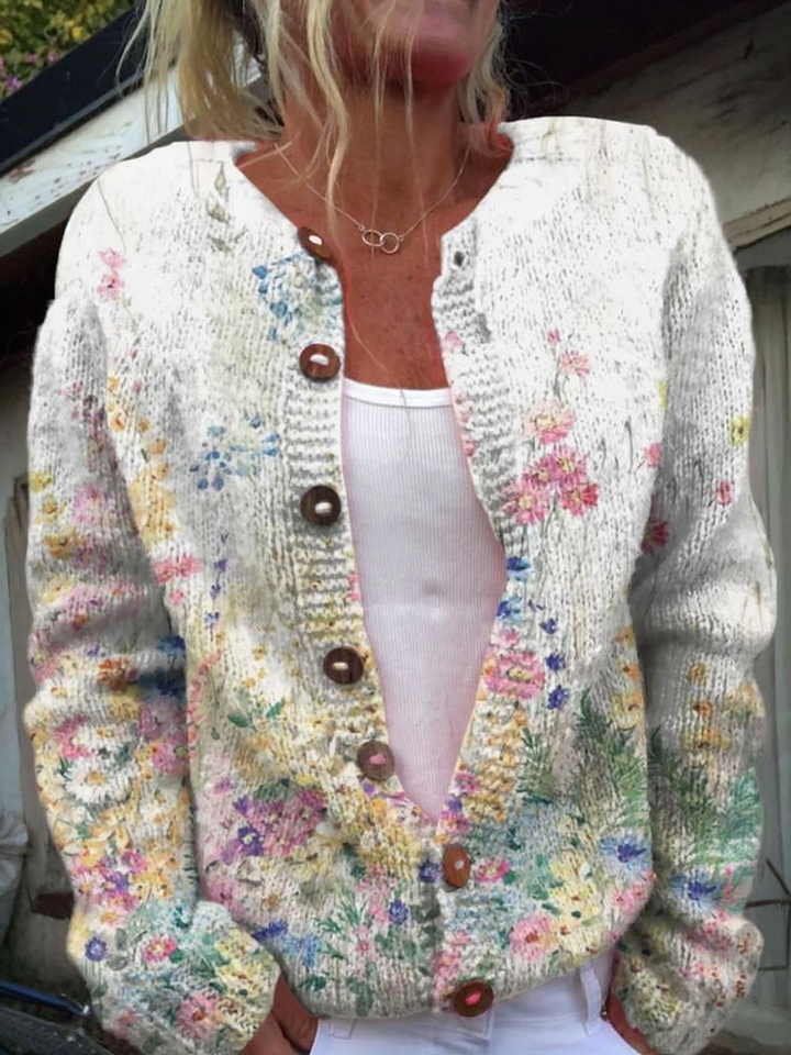 Waterverf Frans rozenmotief herhalend patroon print cardigan met knopen