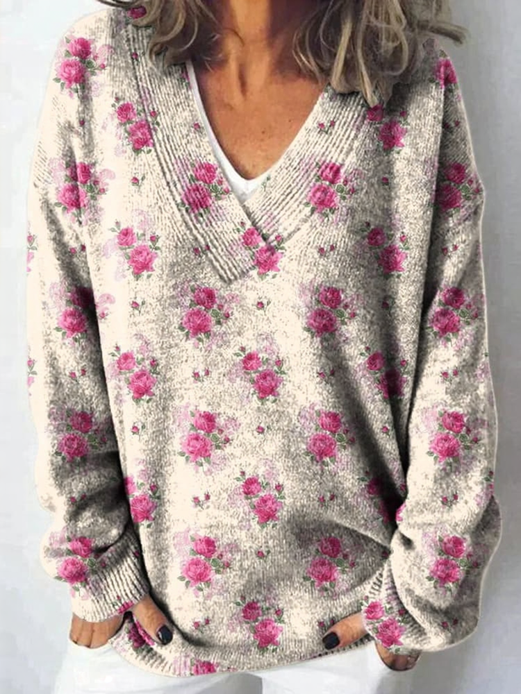 Waterverf Frans rozenmotief herhalend patroon print cardigan met knopen