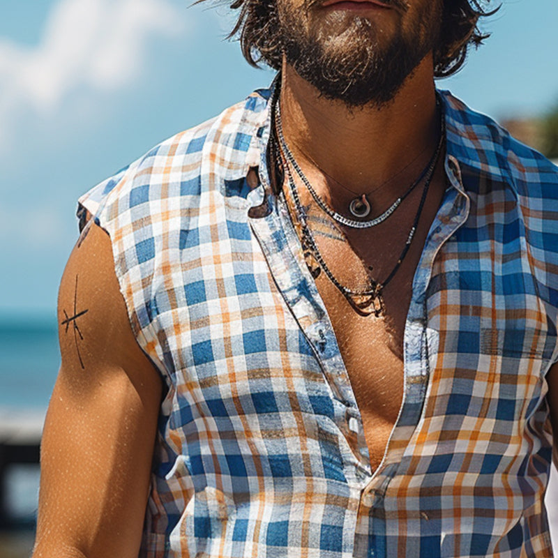Heren Casual Aquaman Geruite Mouwloze Colbert Tanktop 07741703TO