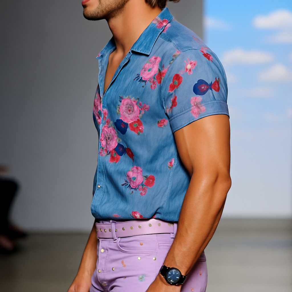 【24-uurs verzending】 Heren Retro Casual Mesh Gedrukt Bloemen Revers Korte Mouwen Shirt MTA1435D2TO