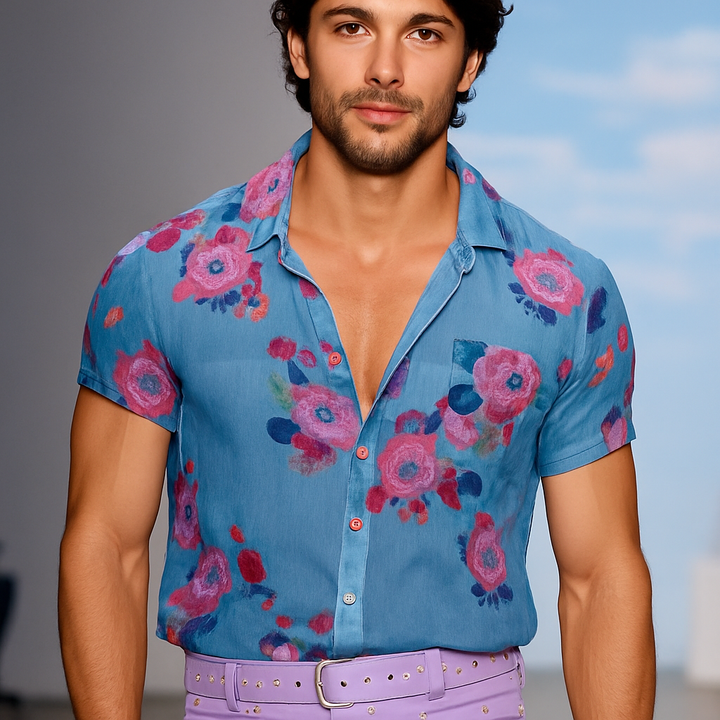 【24-uurs verzending】 Heren Retro Casual Mesh Gedrukt Bloemen Revers Korte Mouwen Shirt MTA1435D2TO