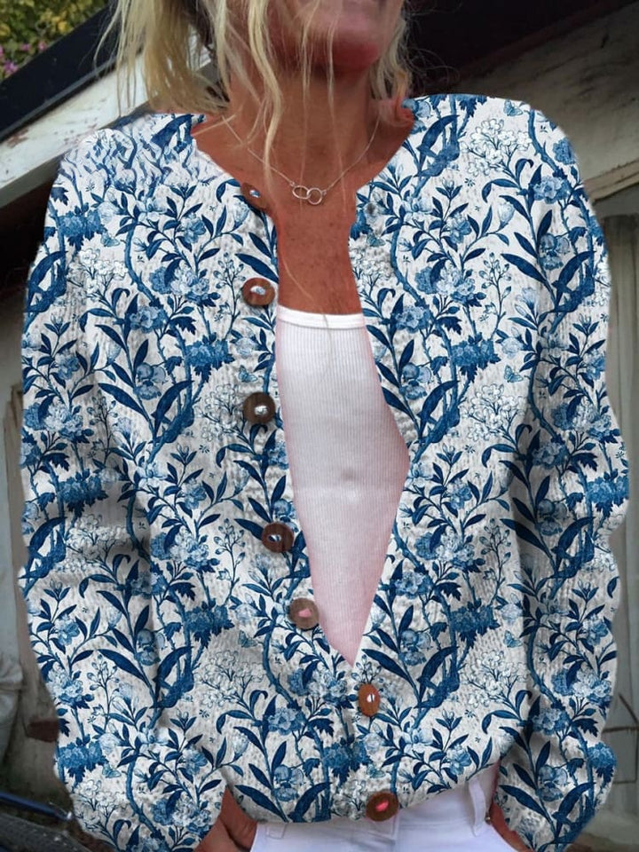 Elegante blauw-witte bloemenprint cardigan met knopen
