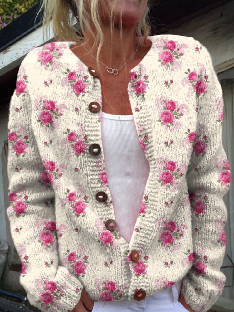 Waterverf Frans rozenmotief herhalend patroon print cardigan met knopen