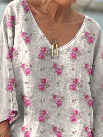 Waterverf Frans rozenmotief herhalend patroon gedrukt dames casual V-hals lange mouwen comfortabel katoenen T-shirt